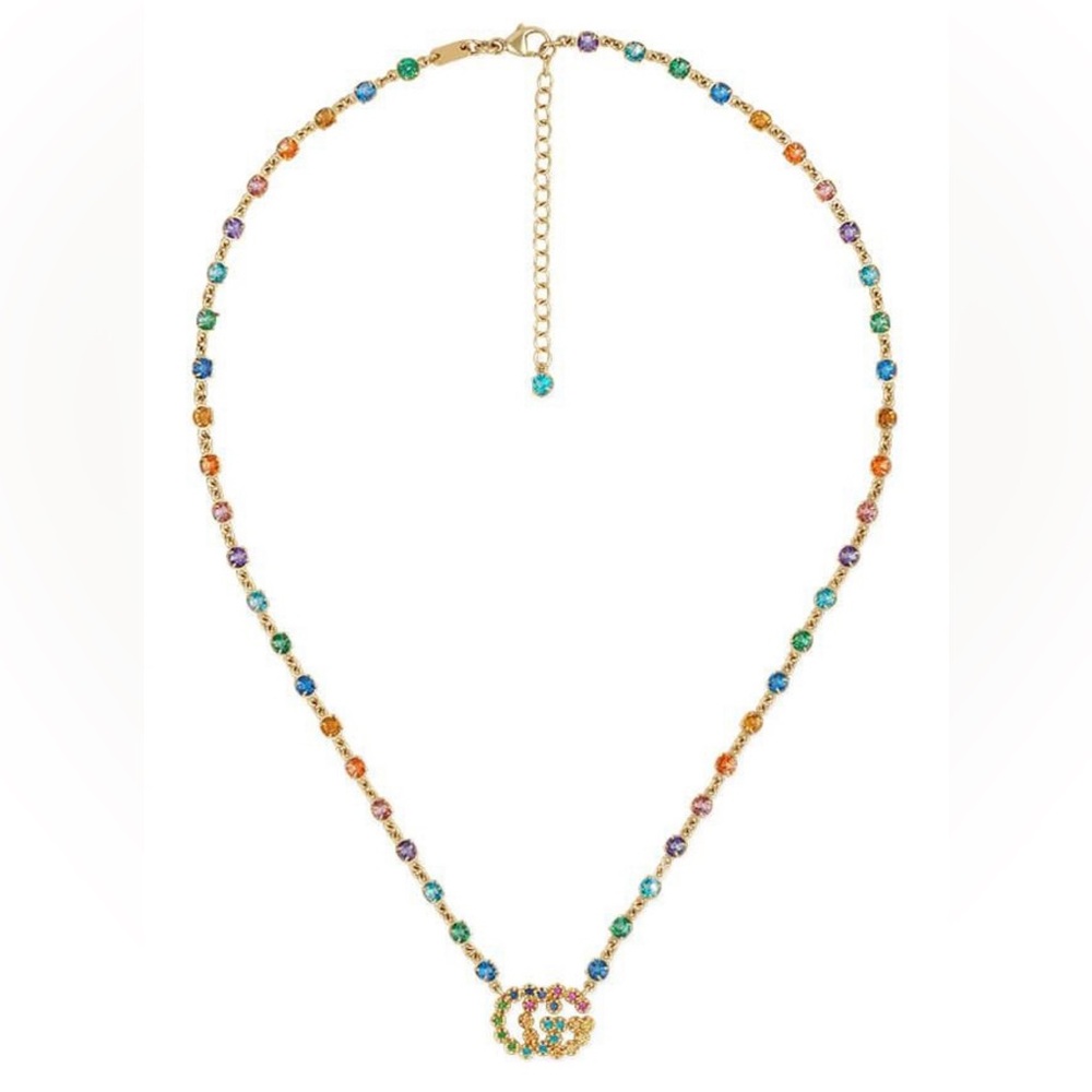 Gucci GG Running 18K Yellow Gold Rainbow Gemstone Necklace